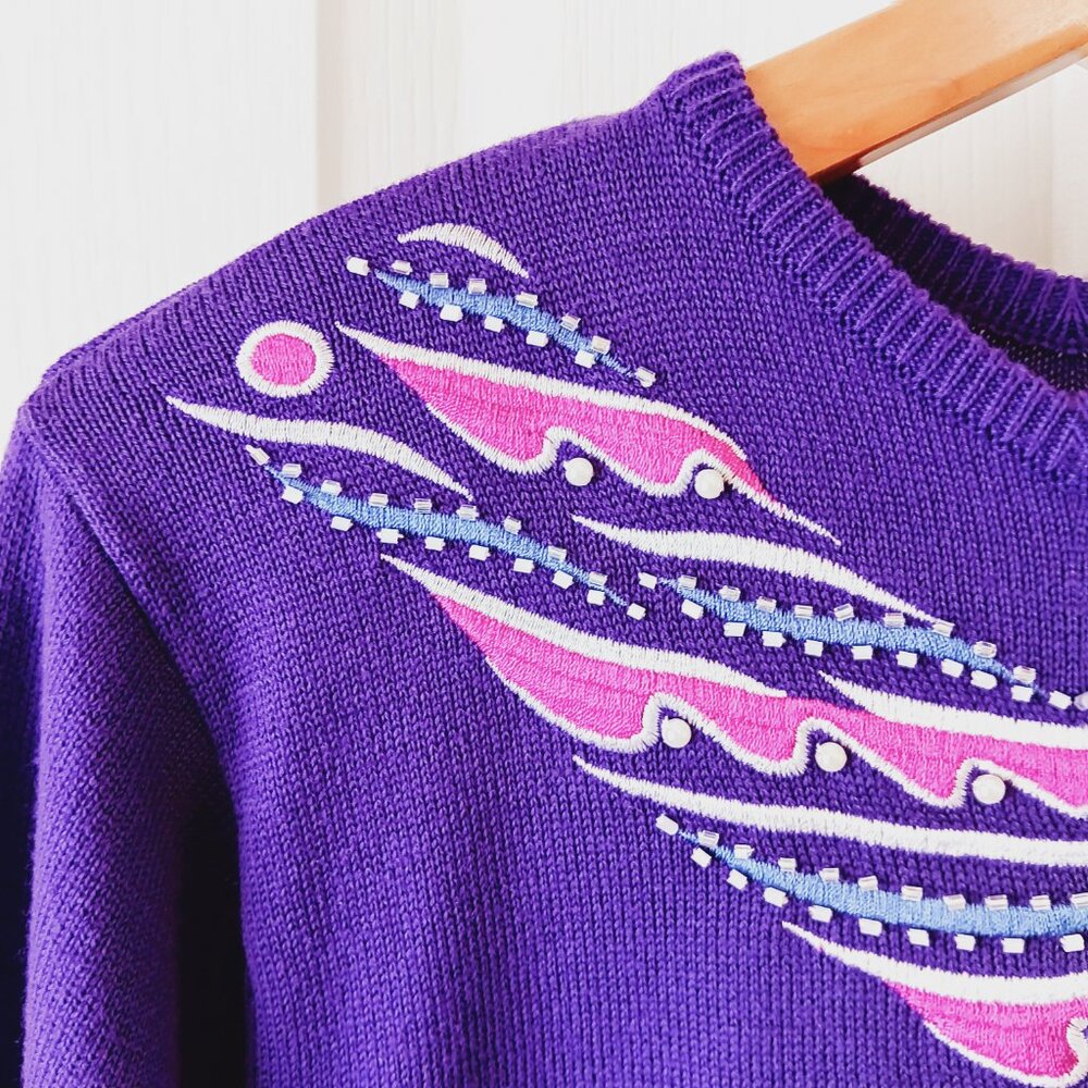 Bob Mackie's Women's Purple Beaded and Embroidered Scarf Sweater Size S - Picture 5 of 15